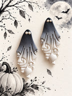 Handmade polymer clay ghost earrings in grey and white, made at Aygem's Halloween workshop