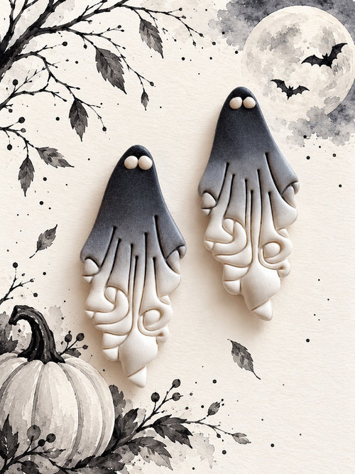 Handmade polymer clay ghost earrings in grey and white, made at Aygem's Halloween workshop