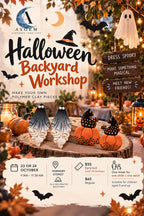 Aygem Halloween polymer clay workshop poster, Hornsby Sydney, 23 or 24 October, with ghost and black cat pumpkin earrings